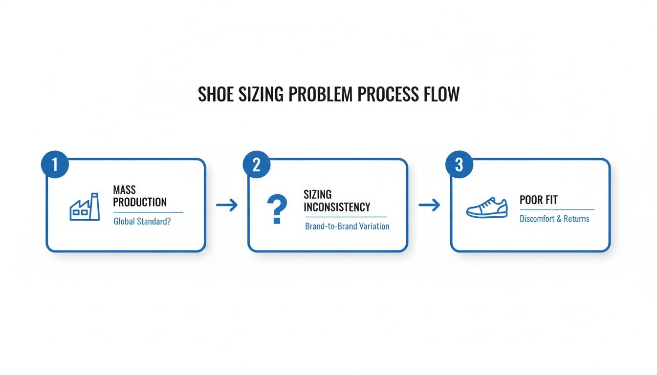 Process flow diagram explaining the shoe sizing problem: mass production, inconsistencies, and poor fit.