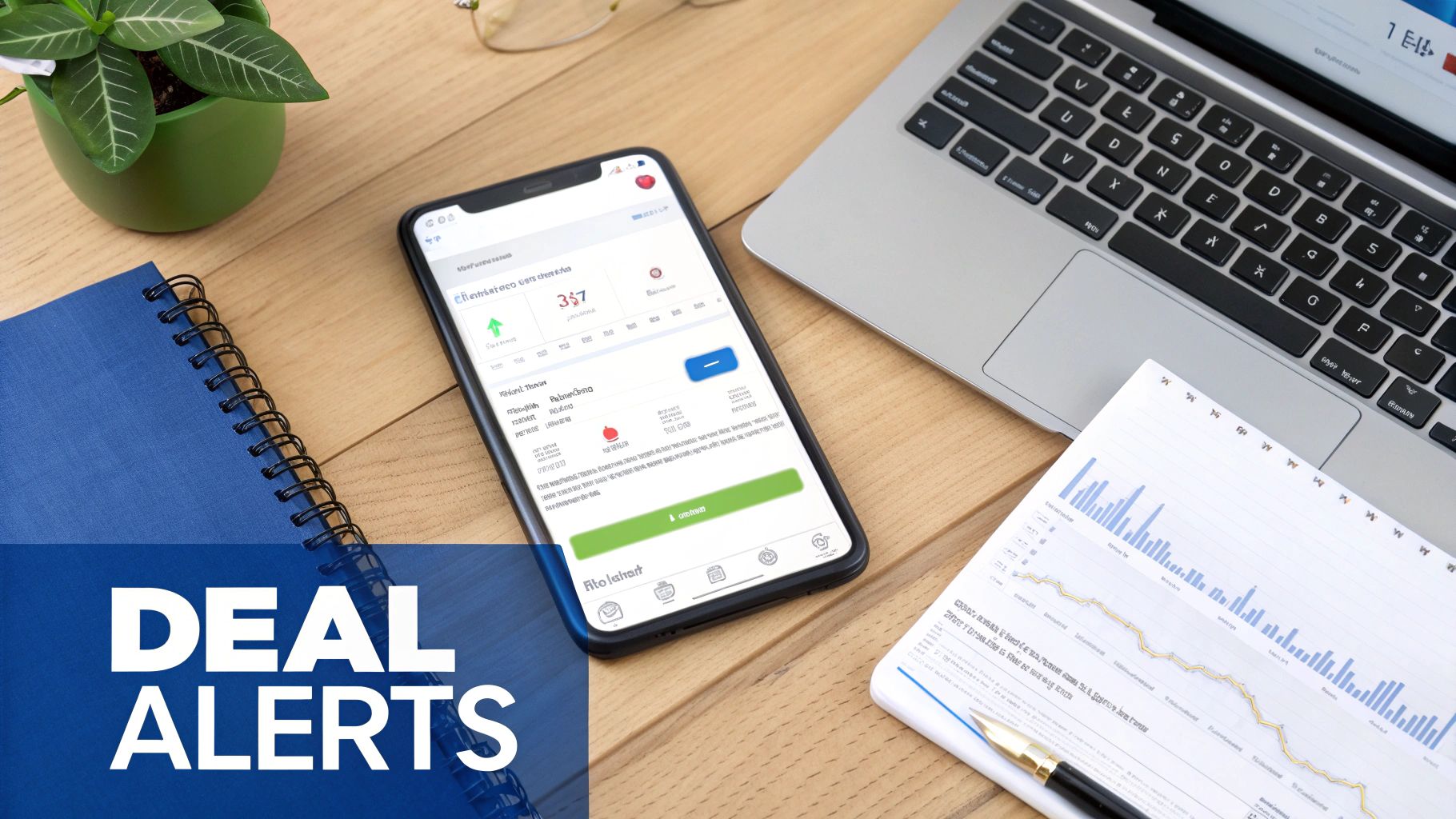 Mobile phone displaying deal alerts app next to laptop and financial charts on wooden desk