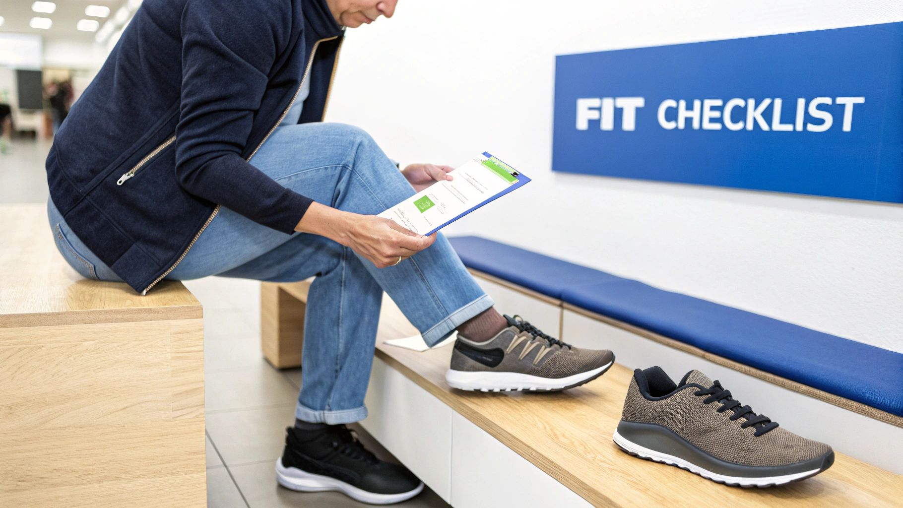 Customer in a shoe store reviewing a 'FIT CHECKLIST' document while trying on new sneakers.