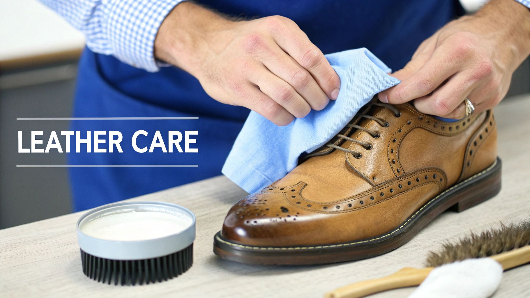 Hands gently polishing a brown leather wingtip shoe with a blue cloth, illustrating leather care.