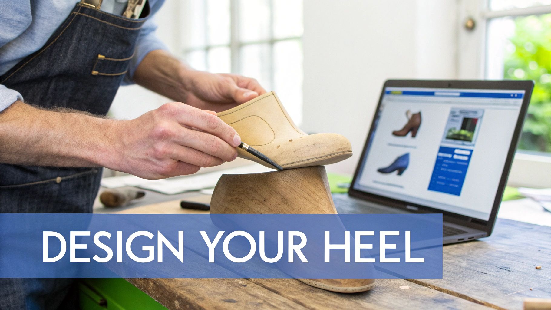 A shoemaker works on a wooden shoe last with a tool, designing footwear, with a laptop showing shoe designs in the background.