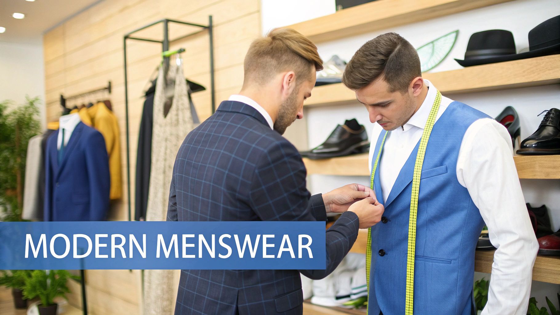 A male tailor adjusts a blue suit vest on a client in a modern men's clothing shop.