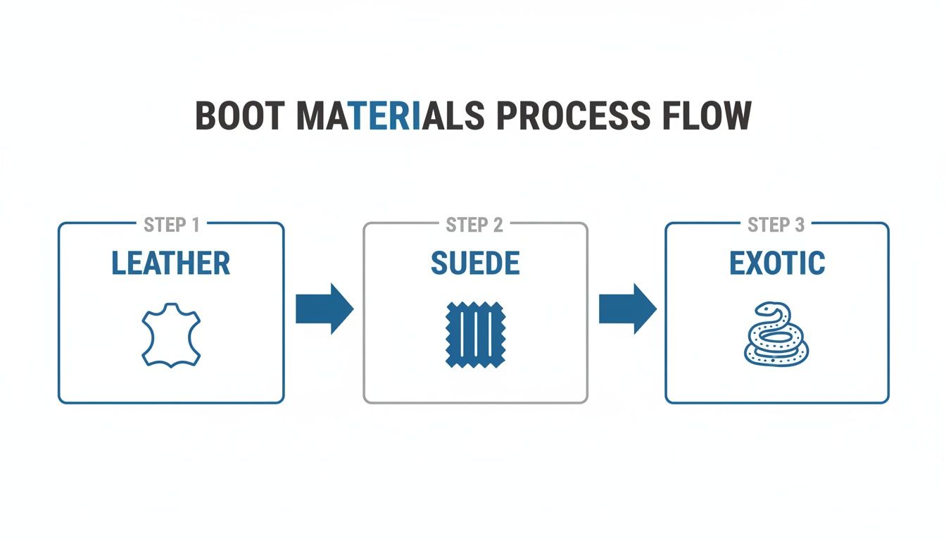 A process flow diagram illustrating boot materials including leather, suede, and exotic skins.