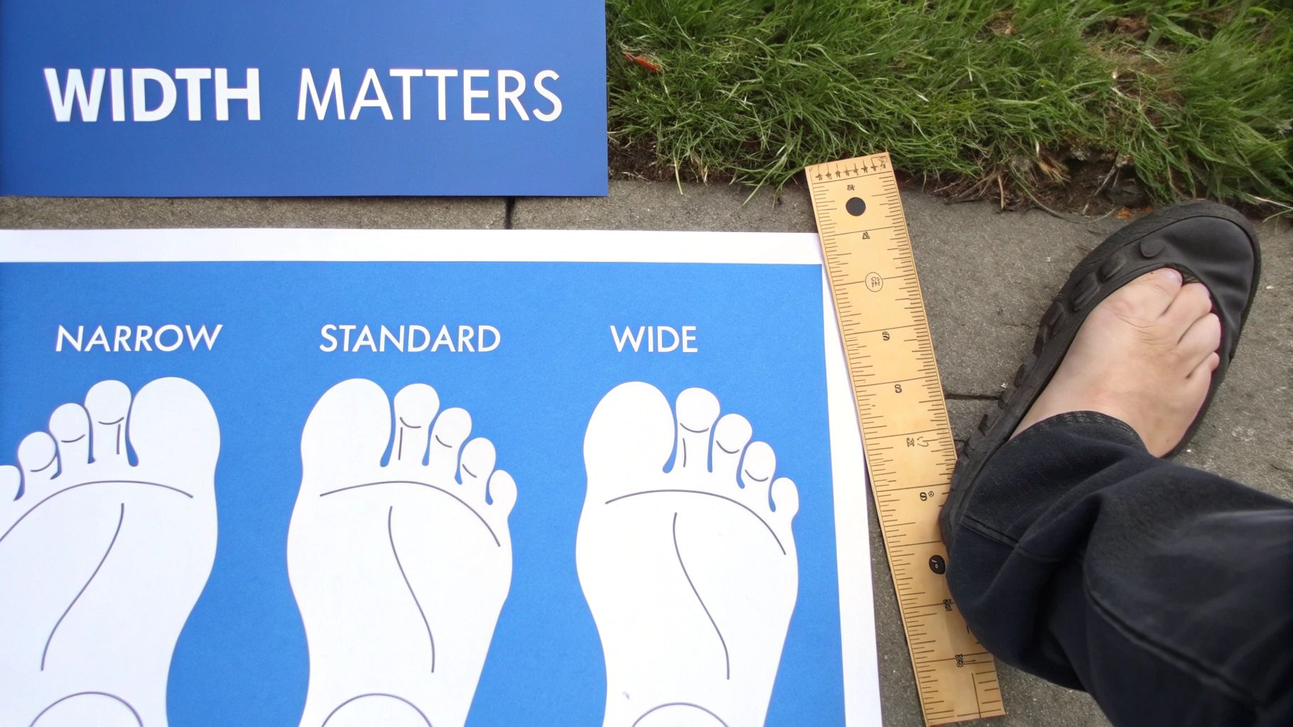 A person's foot next to a ruler and a sign about foot width for shoe sizing.