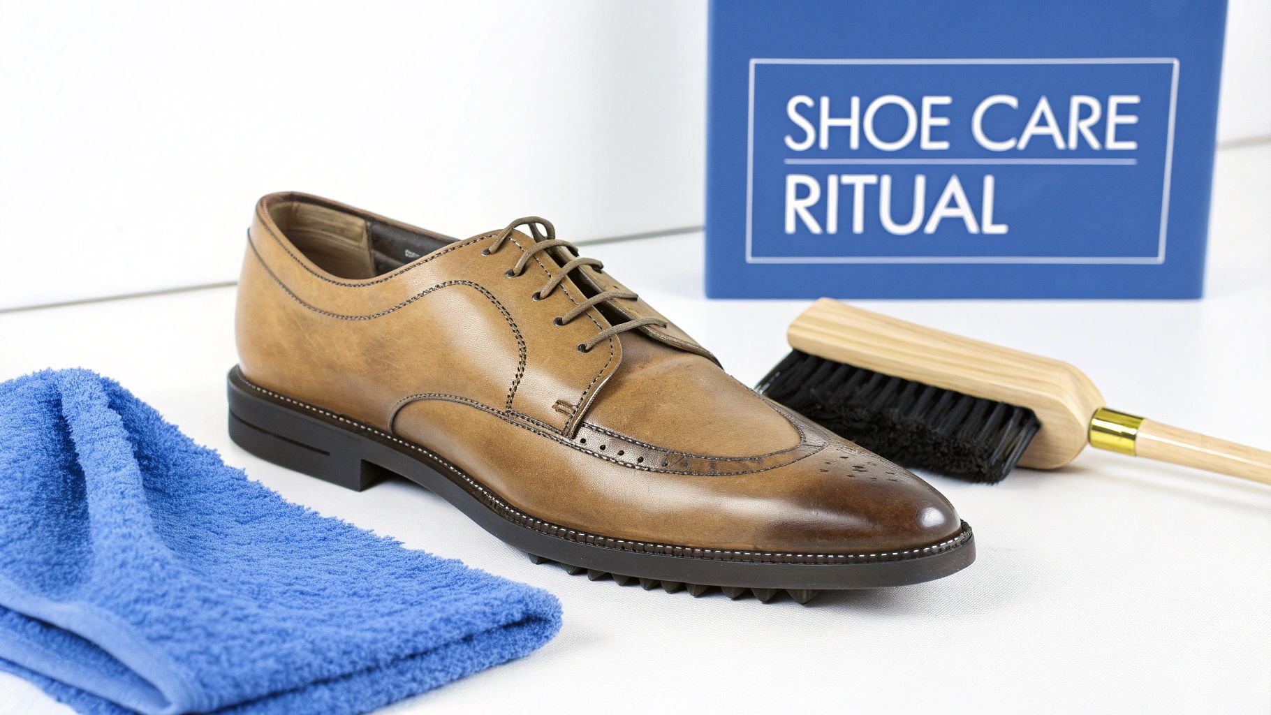 A brown leather dress shoe, blue cleaning cloth, shoe brush, and 'Shoe Care Ritual' box.