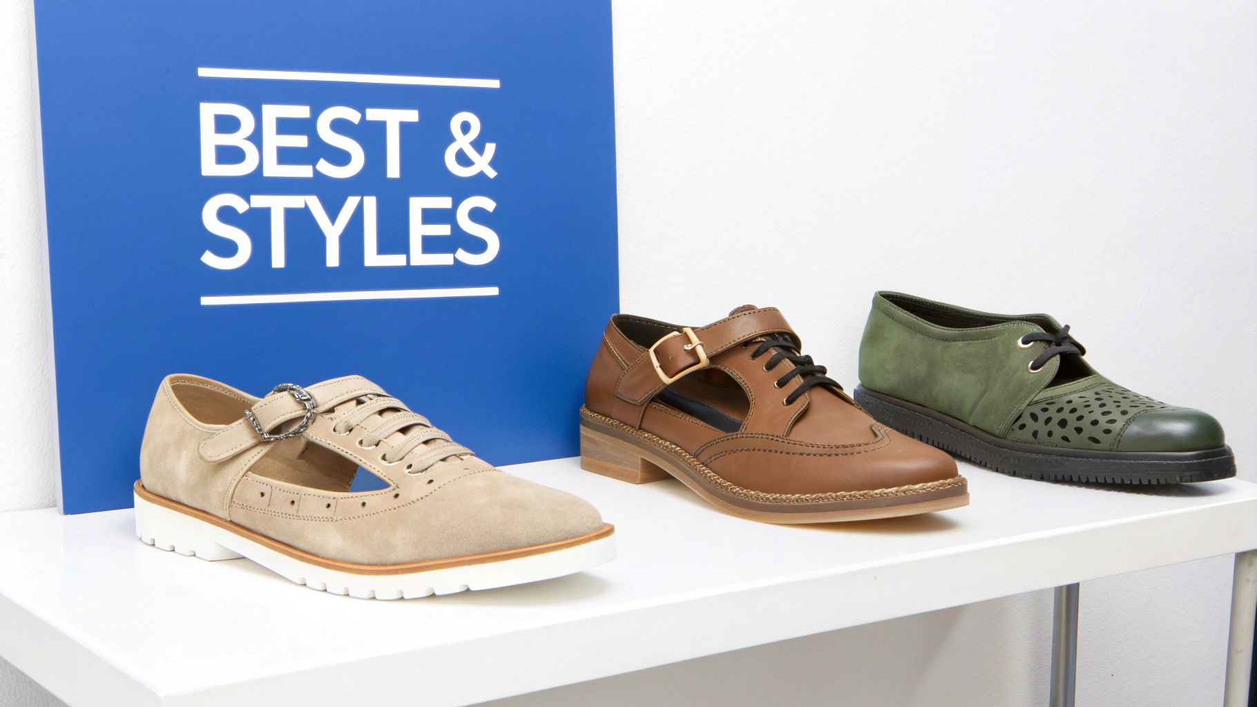 Three pairs of stylish women's shoes in beige, brown, and green displayed on a shelf.