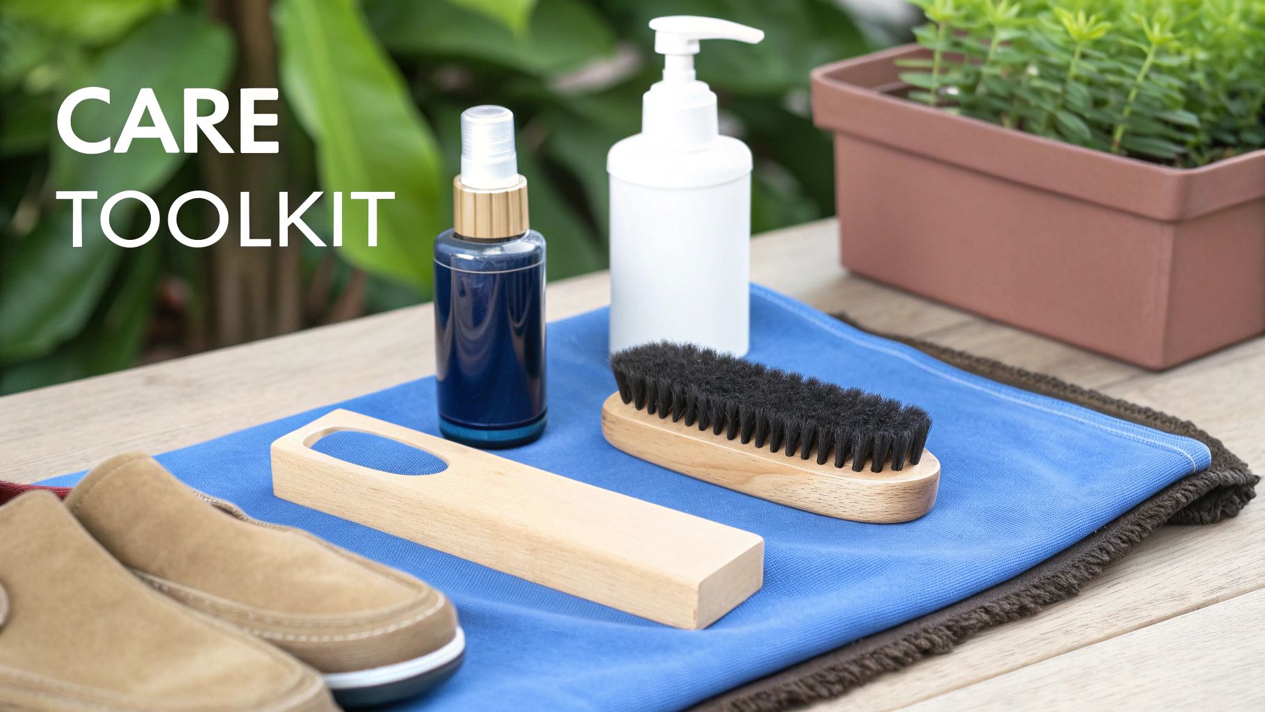 A care toolkit for suede shoes, featuring brushes, cleaning solutions, a shoe horn, and suede loafers on a blue cloth.