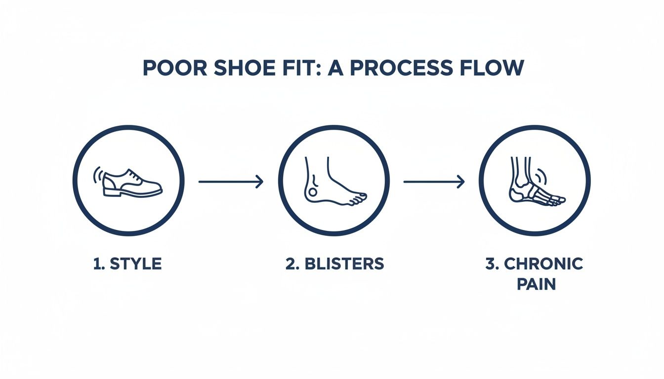 A process flow diagram showing how poor shoe style choice leads to blisters and chronic foot pain.