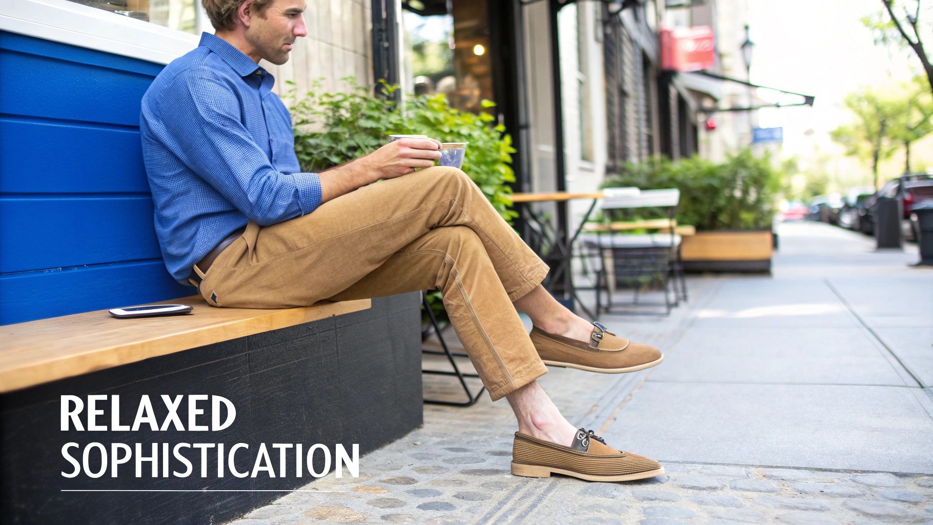 A man in a blue shirt and brown pants sits on a bench, holding a cup, wearing stylish suede loafers.