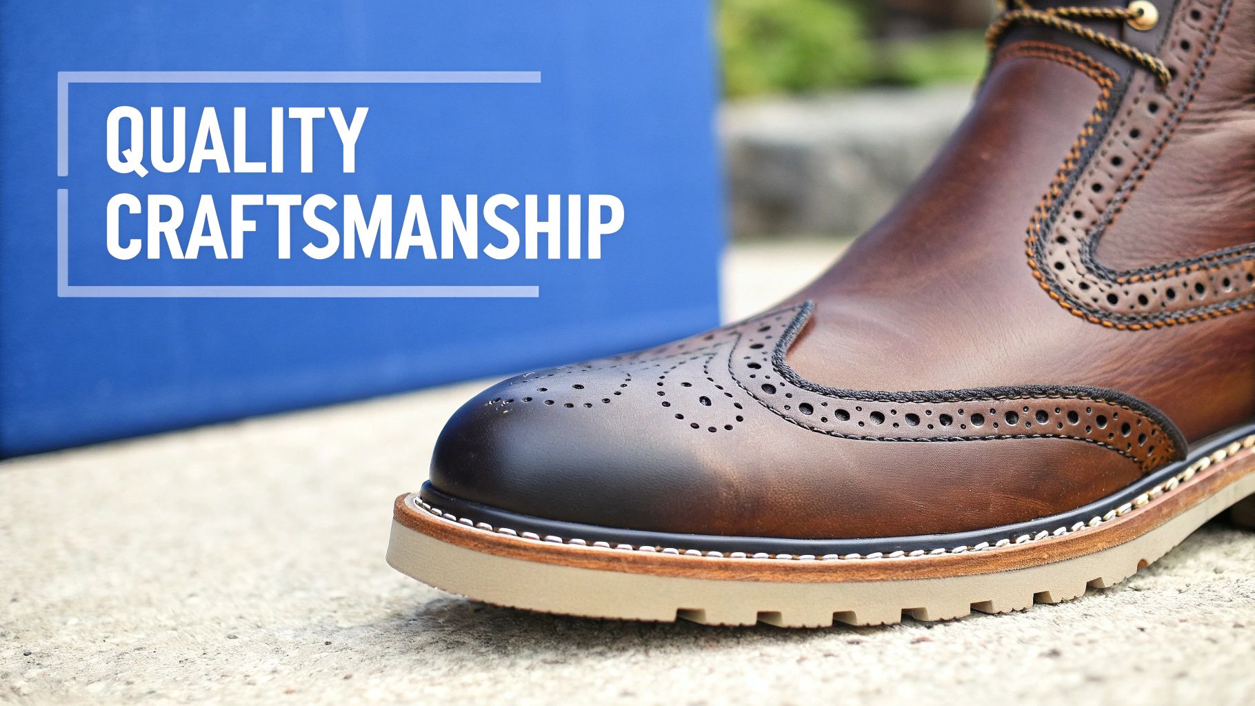 Close-up of a black dress boot's leather and stitching