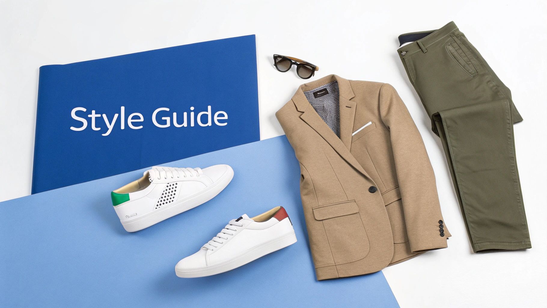 Overhead view of a style guide, tan blazer, olive pants, sunglasses, and two pairs of white sneakers.