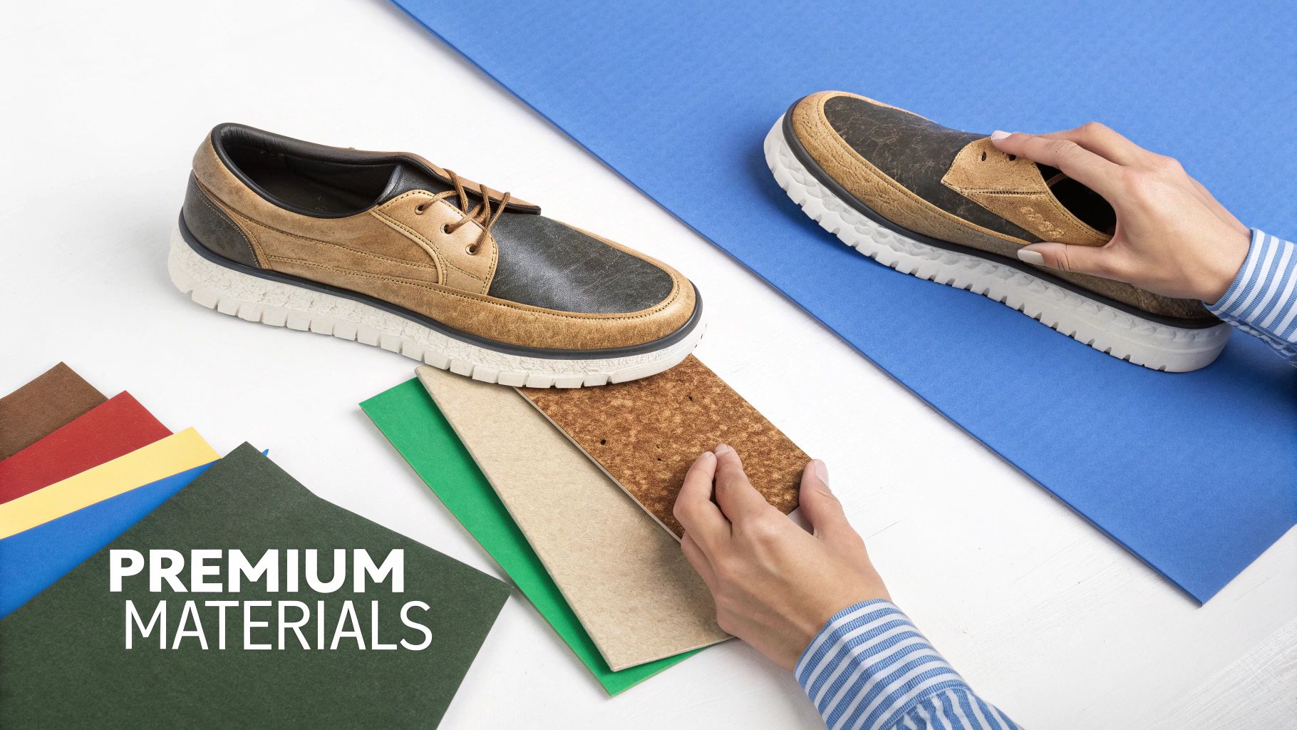 Two stylish men's shoes and hands selecting various premium crafting materials for shoemaking.