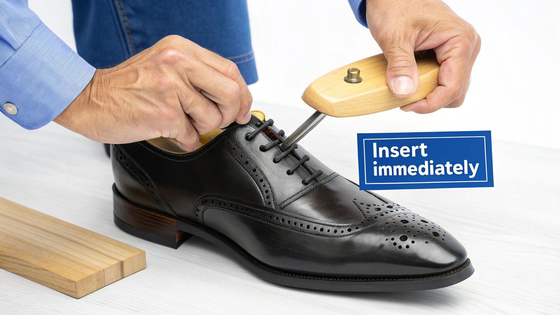 Hands carefully insert a wooden adjustable shoe tree into a black leather brogue oxford shoe.
