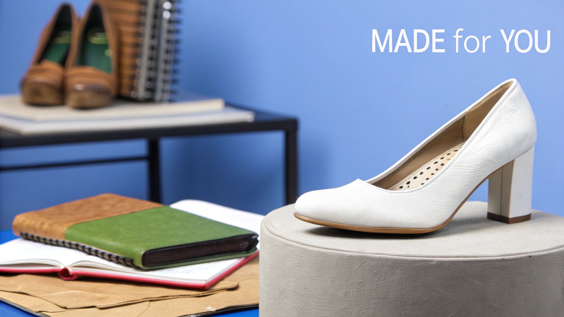 Elegant white leather high-heeled pump shoe displayed on a round ottoman against a blue background.