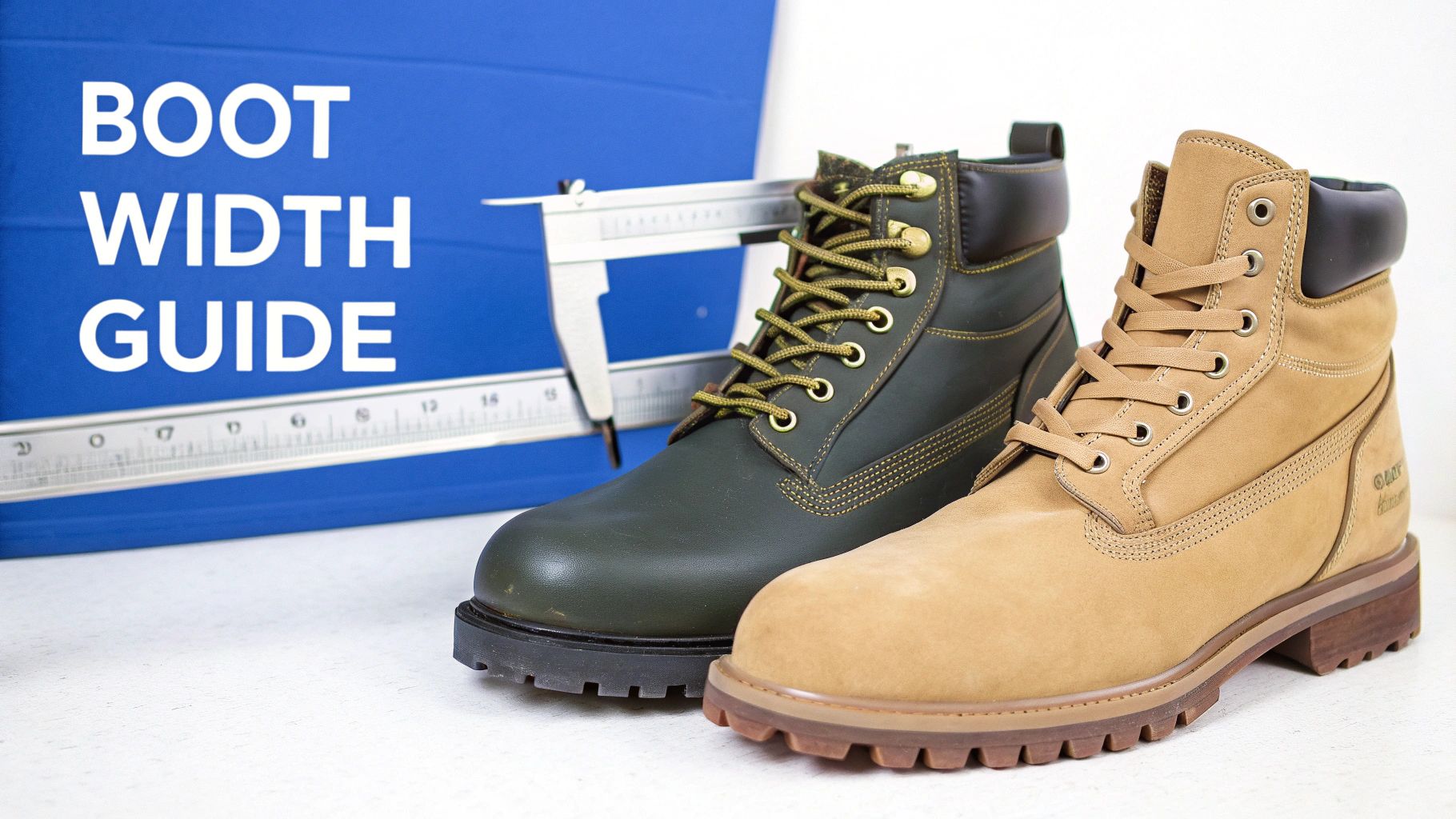 Two work boots, one dark green and one tan, with a "Boot Width Guide" sign and measuring tools.