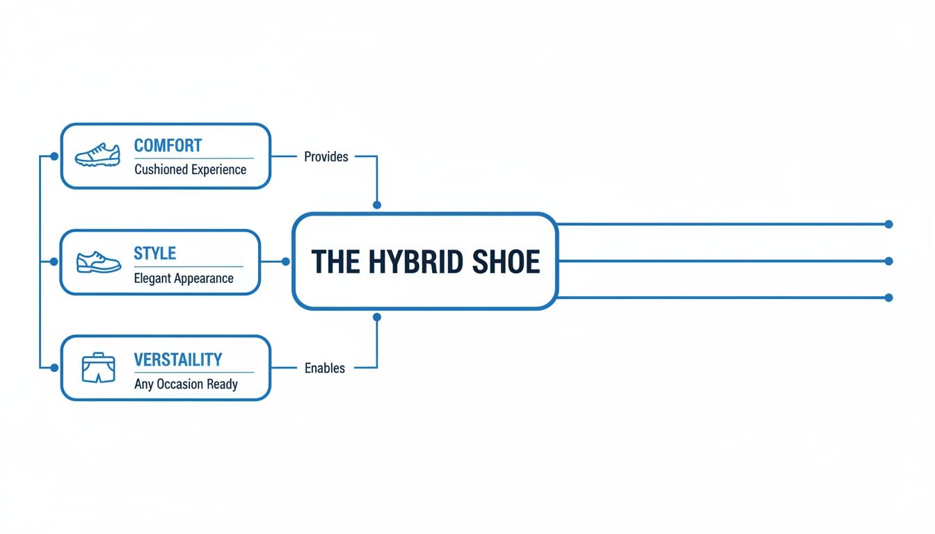A diagram outlining The Hybrid Shoe's features: comfort with a cushioned experience, elegant style, and versatility for any occasion.