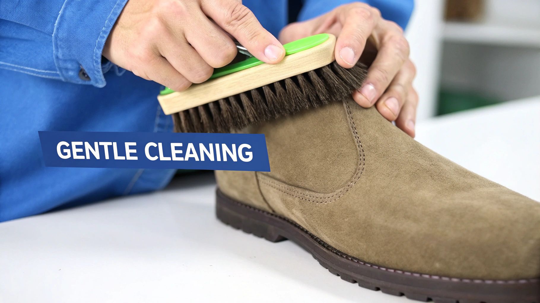 A person uses a soft brush to gently clean a light brown suede boot, emphasizing careful maintenance.