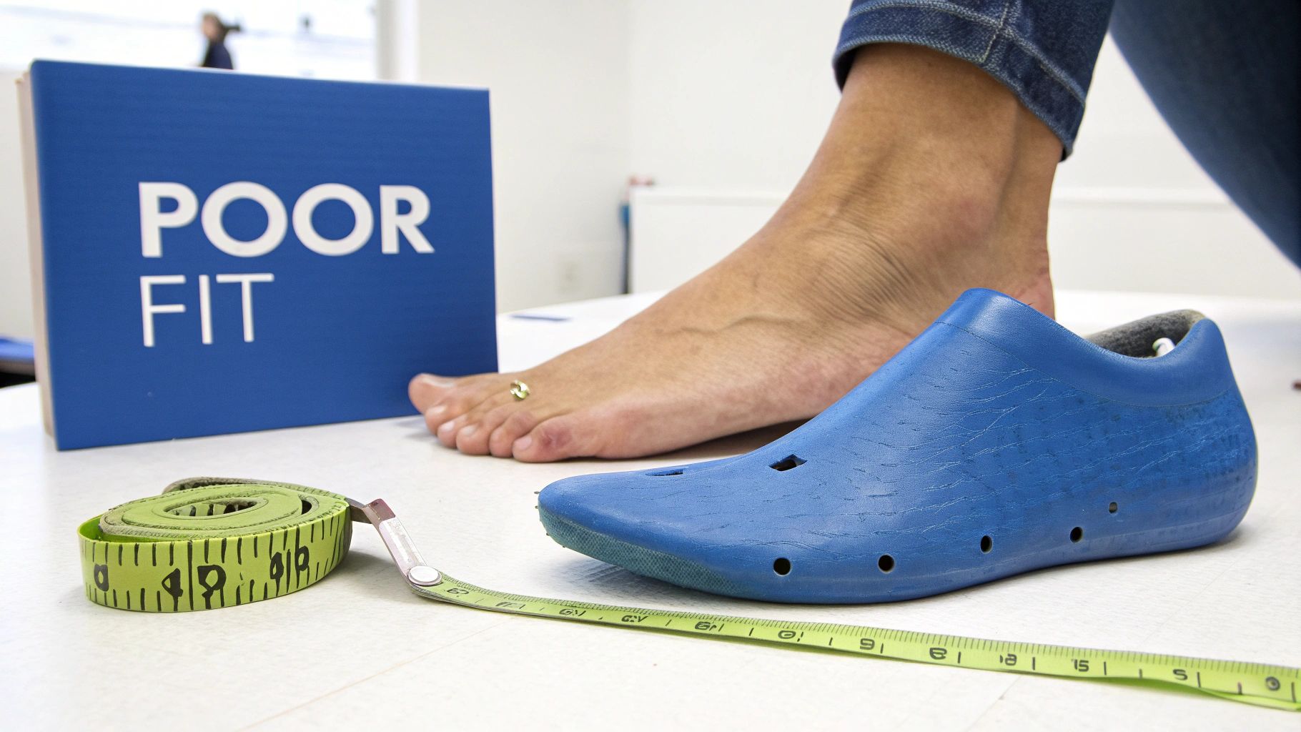 A person's bare foot next to a blue shoe last, a measuring tape, and a 'POOR FIT' sign.