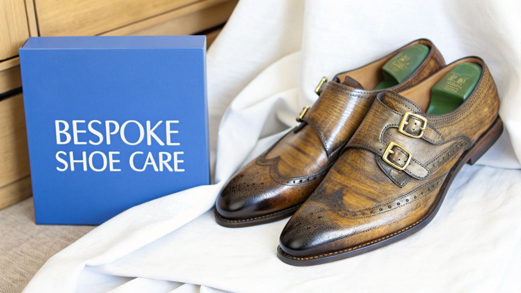 A blue box labeled 'Bespoke Shoe Care' next to a pair of elegant brown double monk strap shoes.