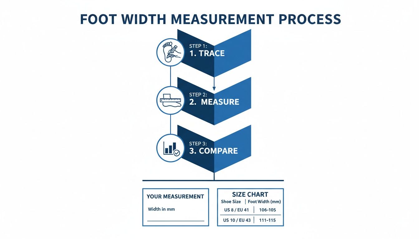 Diagram illustrating the foot width measurement process with steps to trace, measure, and compare results using a size chart.