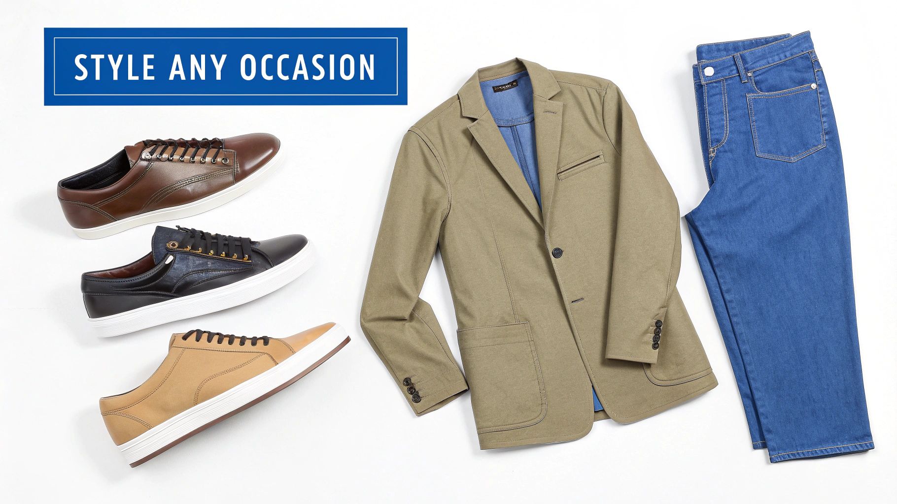 A flat lay of men's casual fashion, featuring brown, black, and tan leather sneakers, a khaki blazer, and blue jeans, with text 'STYLE ANY OCCASION'.