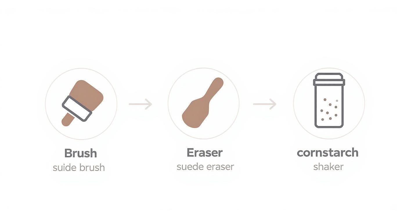Three-step suede cleaning process showing suede brush, eraser, and cornstarch shaker for stain removal