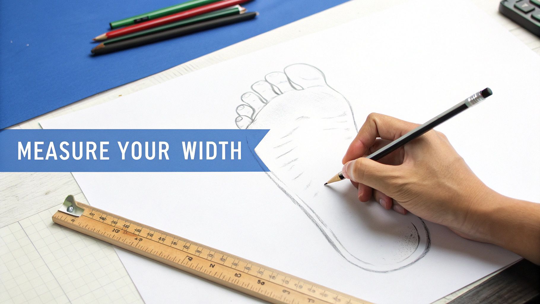 A person drawing the outline of their foot on paper with a pencil to measure width.