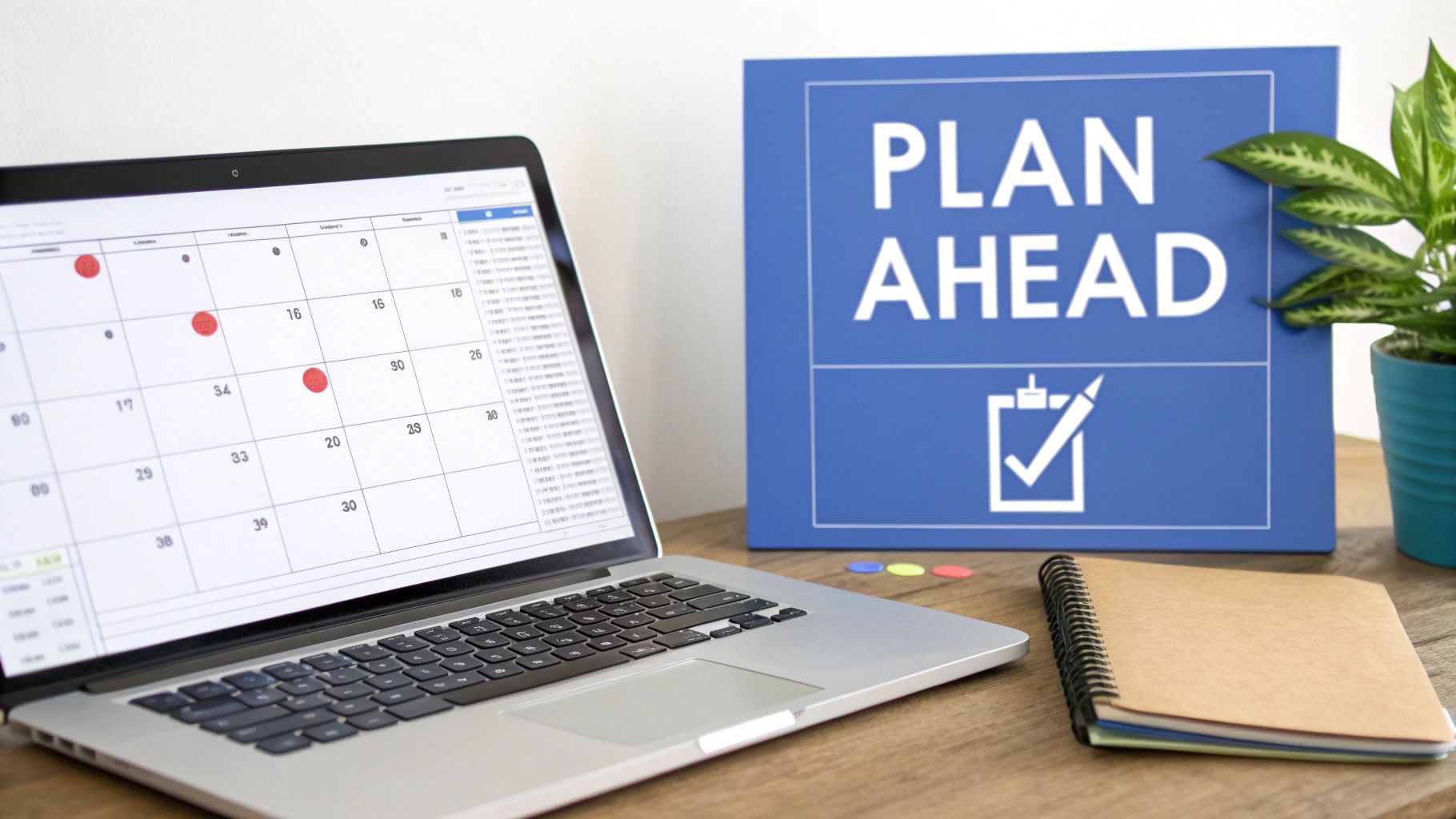 Laptop displaying calendar with red marked dates beside plan ahead sign and notebook