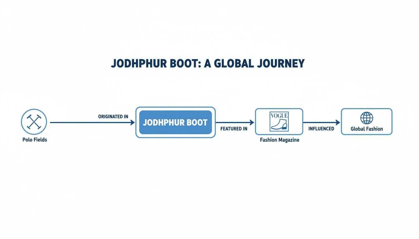 Flowchart illustrating the global journey of the Jodhpur boot, from its origin in polo fields to influencing global fashion, featured in a fashion magazine.