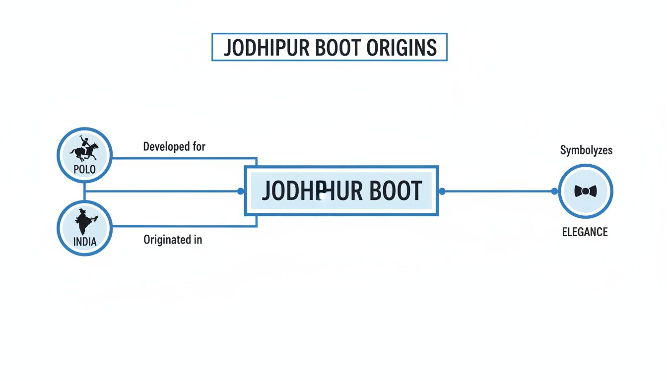 A diagram explaining Jodhpur boot origins, developed for polo in India, symbolizing elegance.