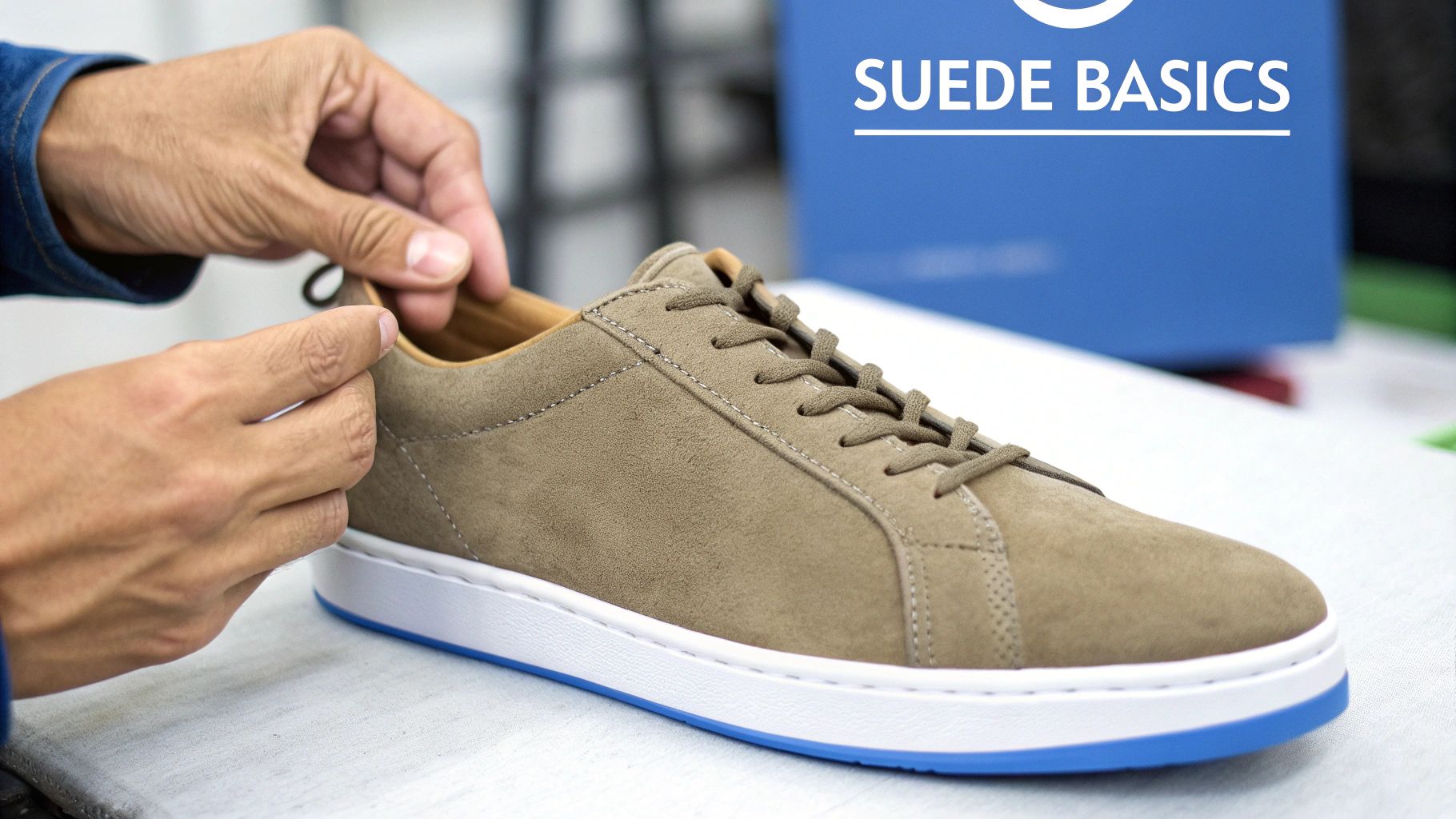 Hands examining tan suede sneaker with white and blue sole on display table