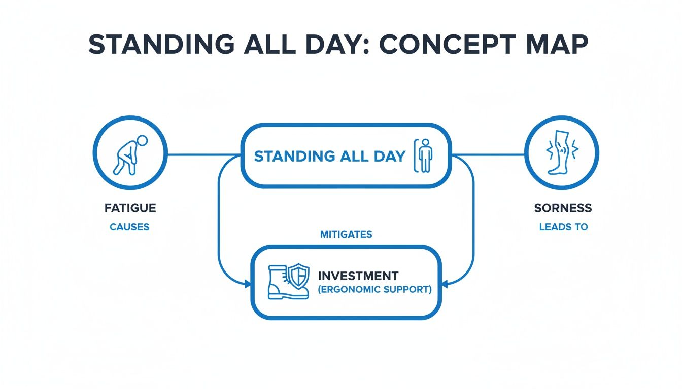 A concept map illustrating how standing all day causes fatigue and soreness, mitigated by ergonomic support.