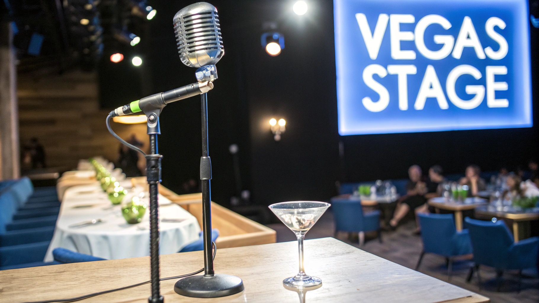 A vintage microphone and martini glass on a stage with a 'Vegas Stage' sign.