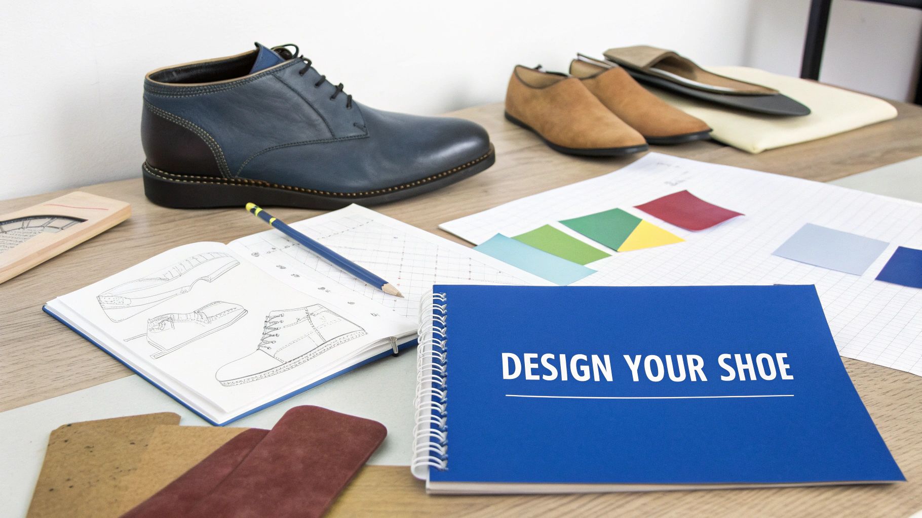 A creative workspace for shoe design with sketches, color swatches, different shoes, and a "DESIGN YOUR SHOE" binder.