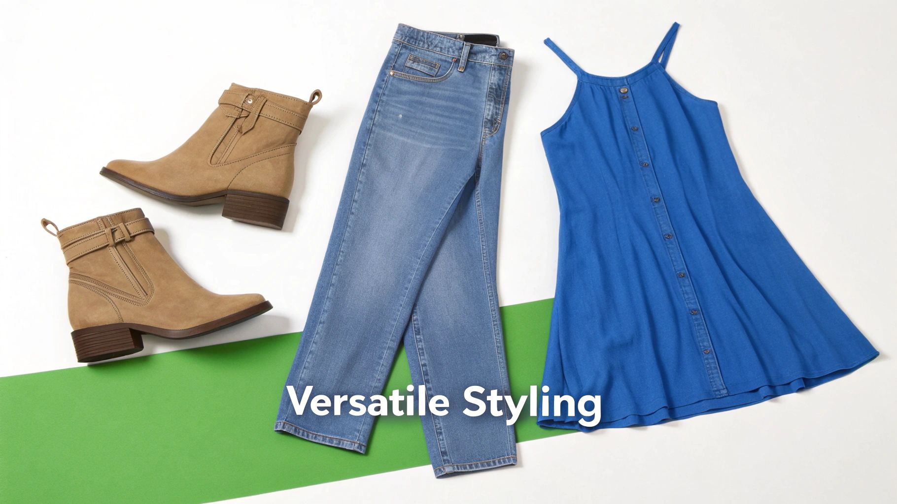 Two tan ankle boots, blue jeans, and a blue button-front dress for versatile styling.