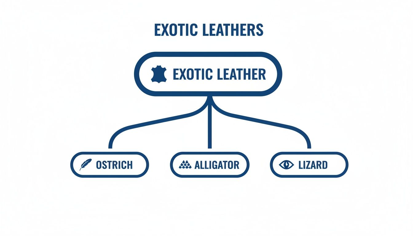 A flowchart diagram showing exotic leathers, categorized into Ostrich, Alligator, and Lizard types.