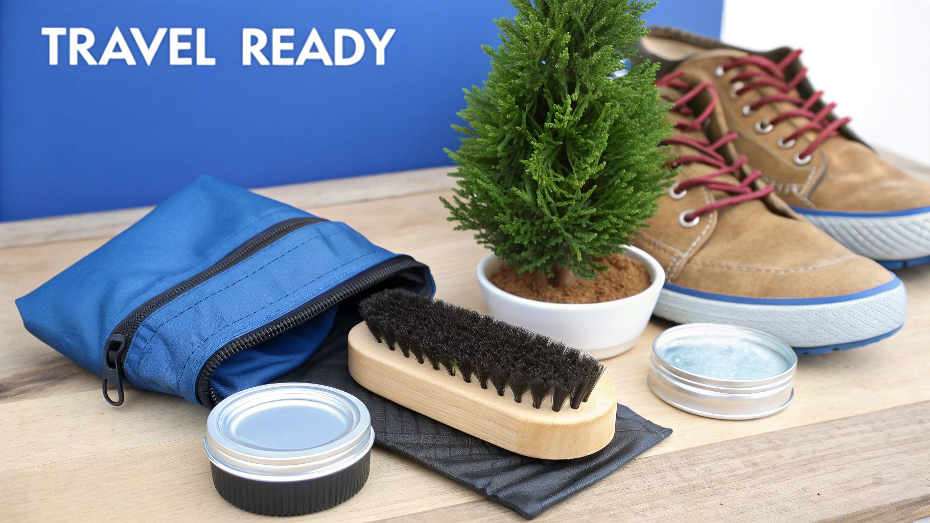 Travel ready shoe maintenance kit with brush, polish, boots and blue storage pouch on wooden surface