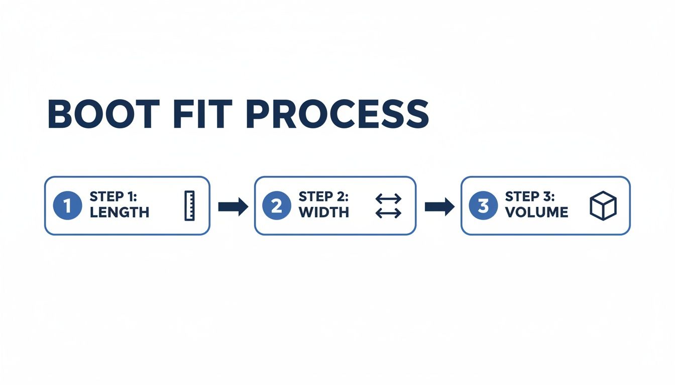 Diagram illustrating the three steps of the boot fit process: length, width, and volume.