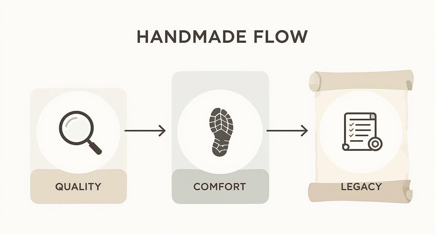 A diagram illustrating the handmade flow process with stages for quality, comfort, and legacy.