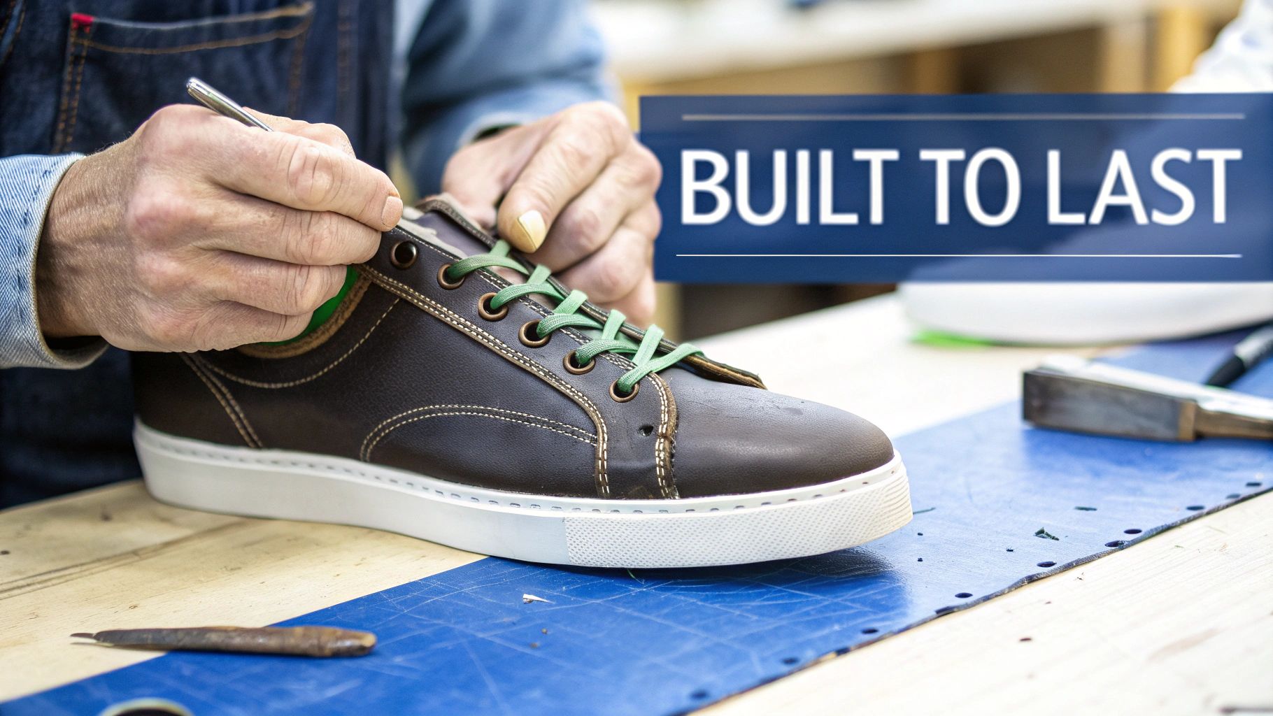 A craftsman meticulously works on a brown leather sneaker with green laces, emphasizing quality and durability.