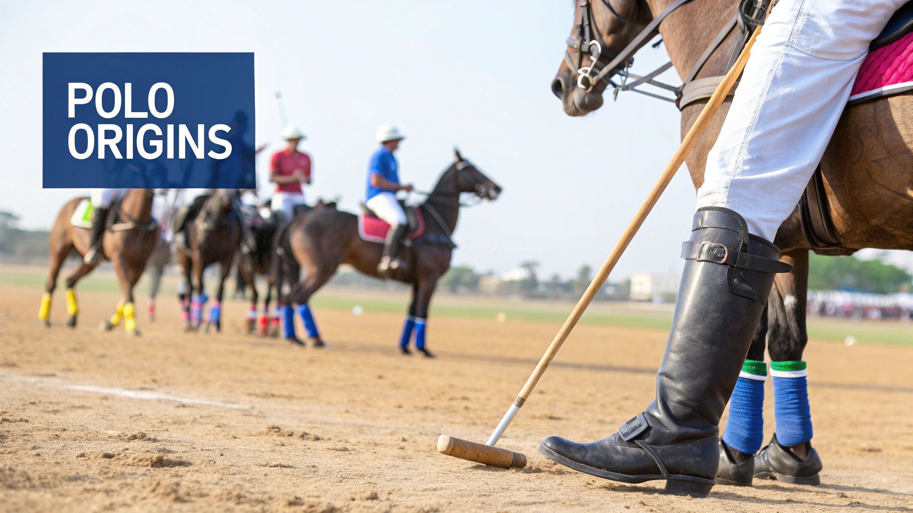 Polo player's boot and mallet on a dirt field, with blurred horses and players in the background.