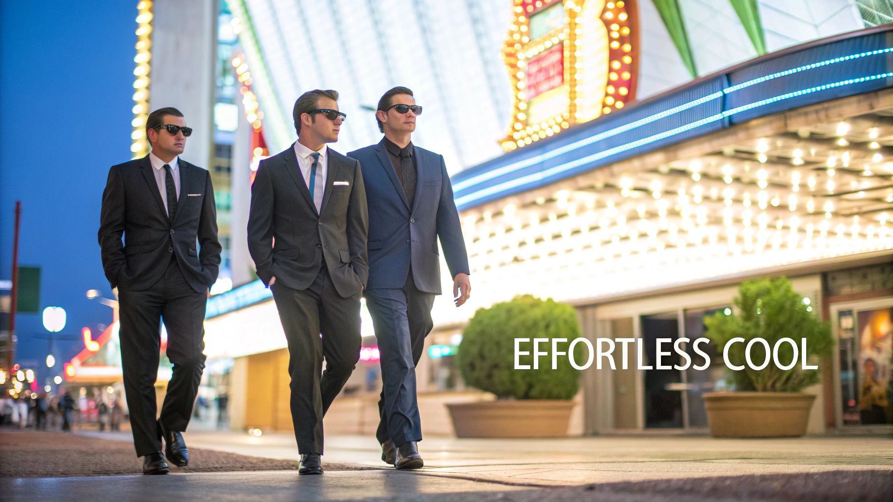 Three stylish men in suits and sunglasses walk on a brightly lit Las Vegas street at night, exuding effortless cool.