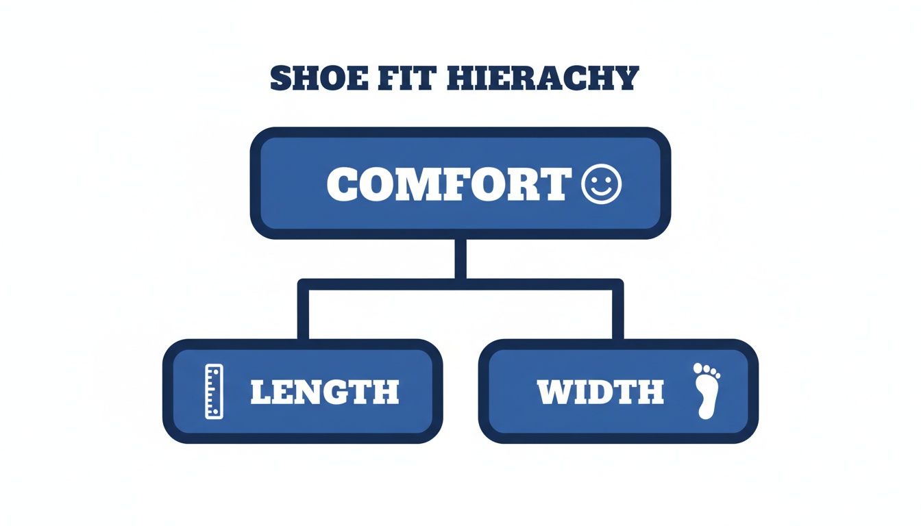 A shoe fit hierarchy diagram showing comfort at the top, supported by length and width measurements.