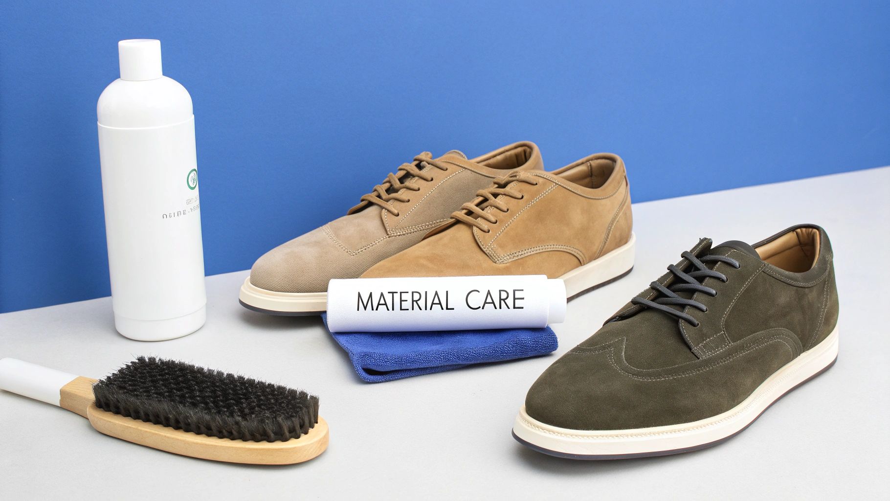 Shoe maintenance kit with suede sneakers, cleaning brush, solution bottle, and microfiber cloth