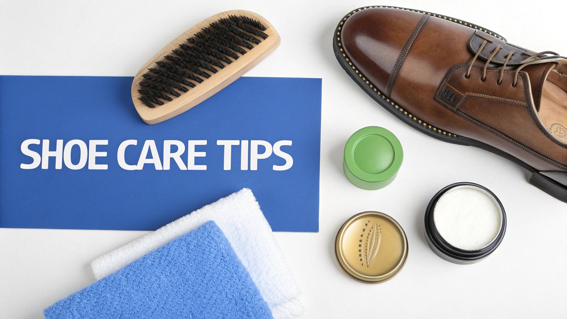 A person polishing a pair of brown leather Goodyear welted shoes with a soft cloth.