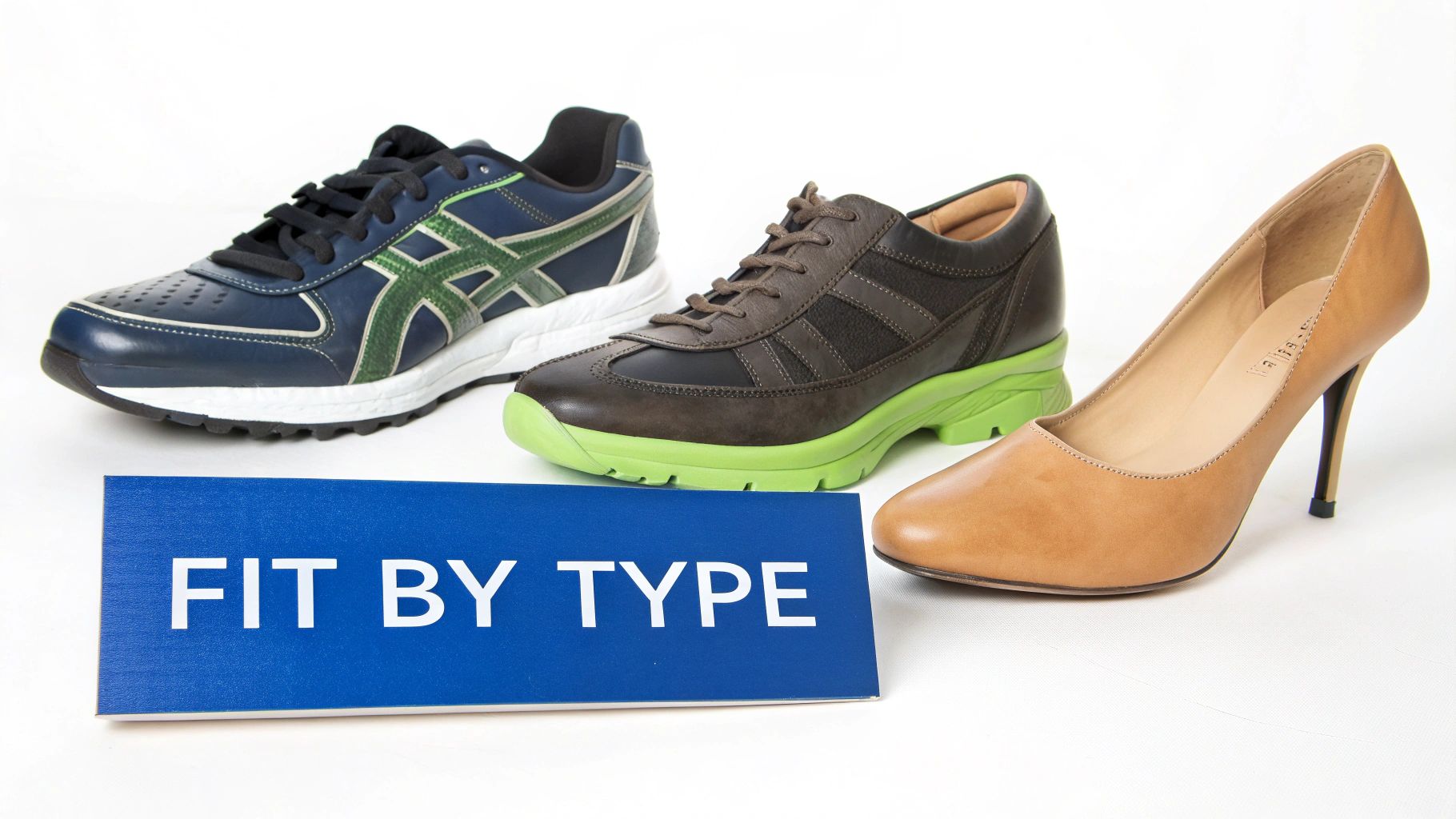 Three distinct shoe types: an athletic sneaker, a casual shoe, and a high heel, with a 'FIT BY TYPE' sign.