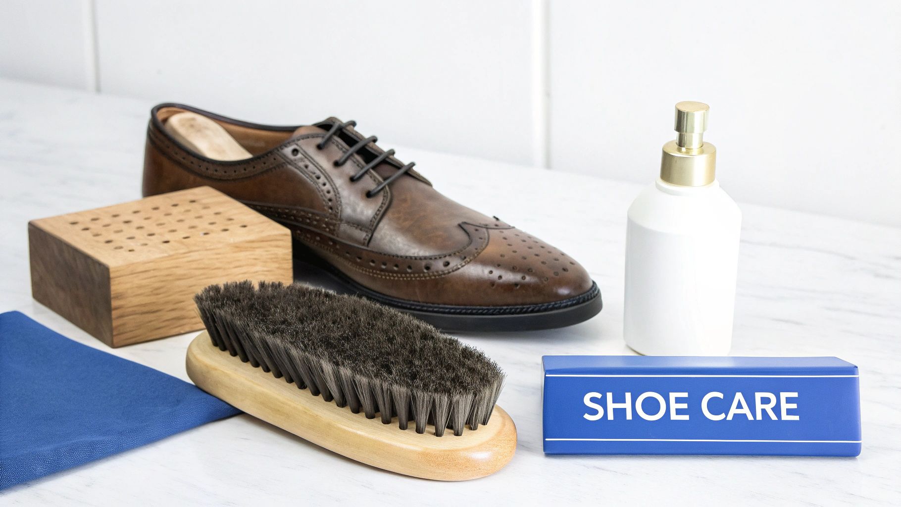 Two pairs of brown leather dress shoes with shoe care accessories