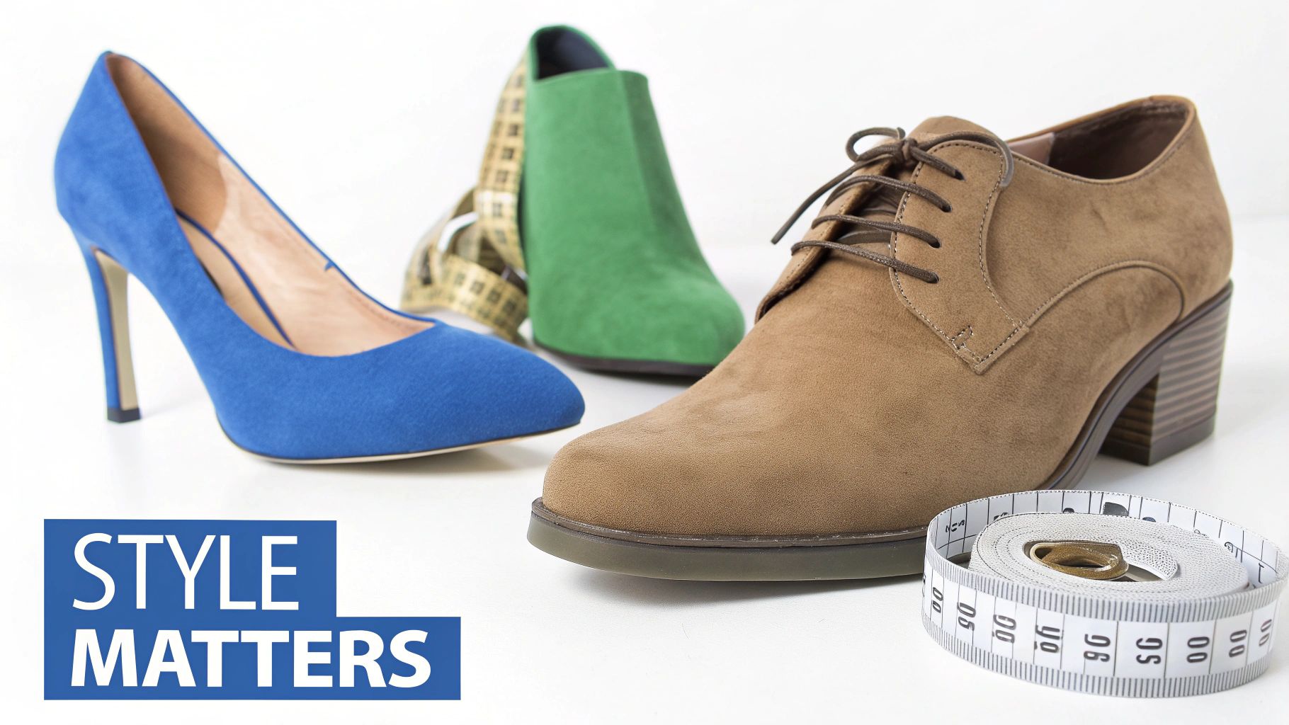 Three stylish shoes: a blue high heel, a green ankle boot, and a brown lace-up shoe with a measuring tape.
