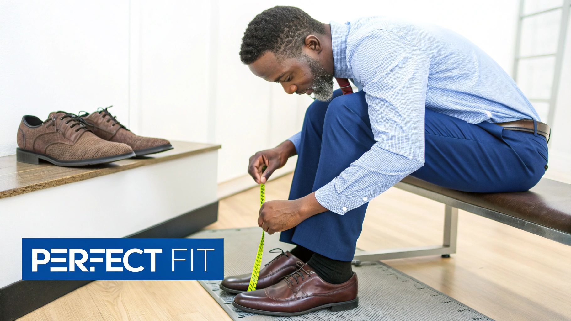 Man measuring his foot on a brannock device to find the right size