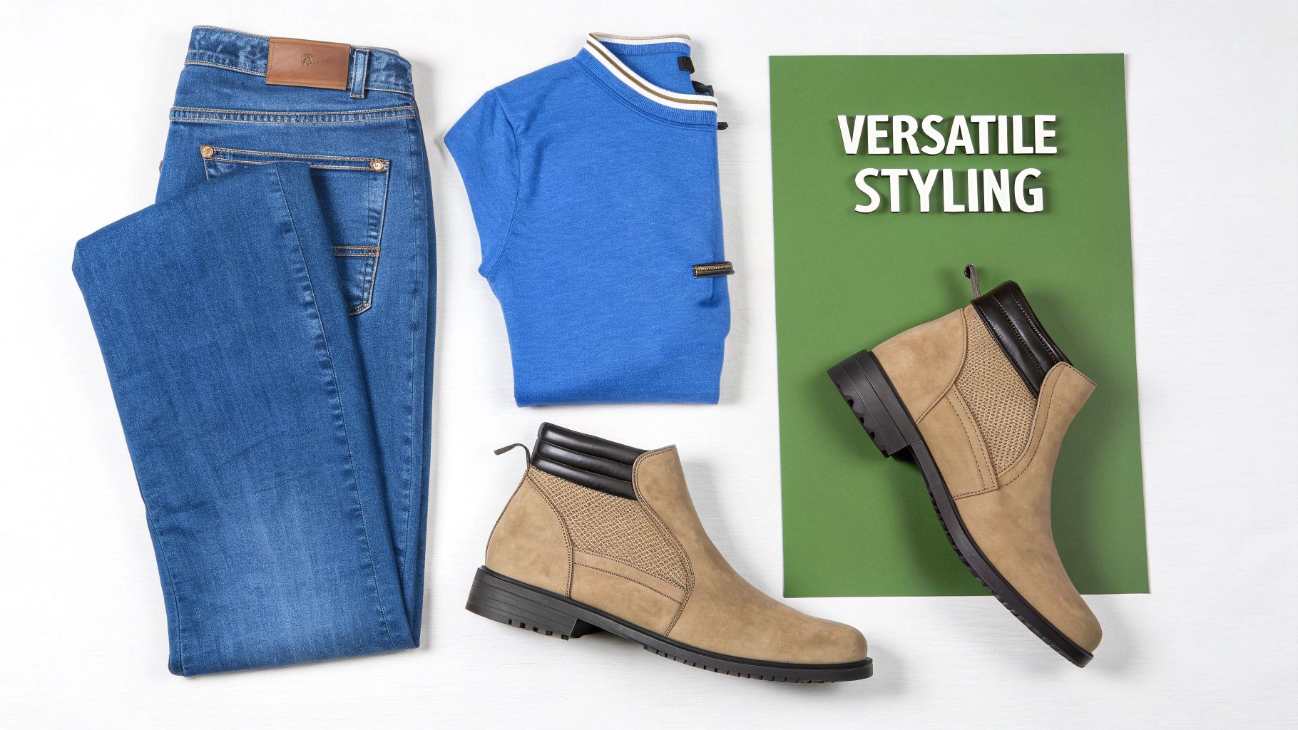 Flat lay of men's casual outfit featuring blue jeans, a blue shirt, and brown Chelsea boots.